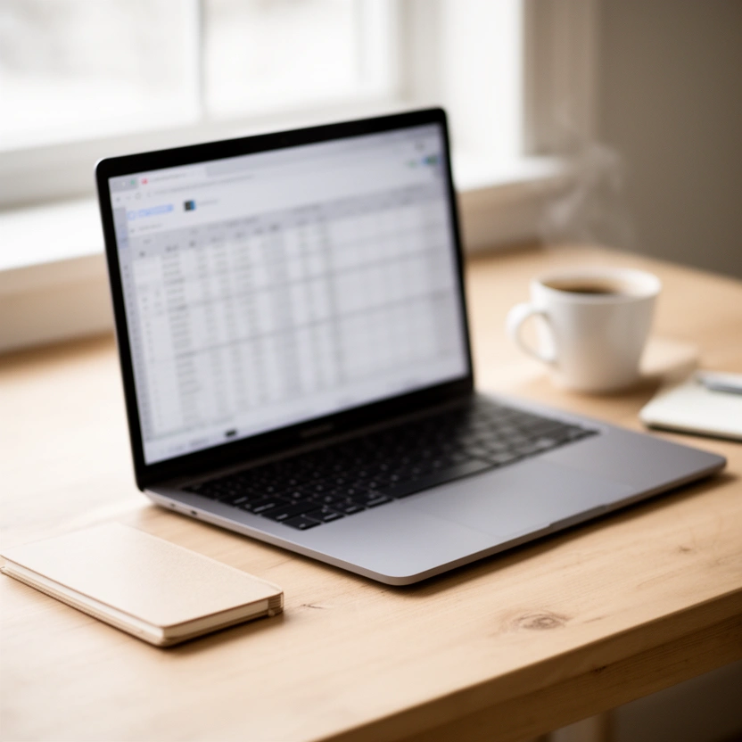 Notebook abierta con una planilla y una taza al costado
