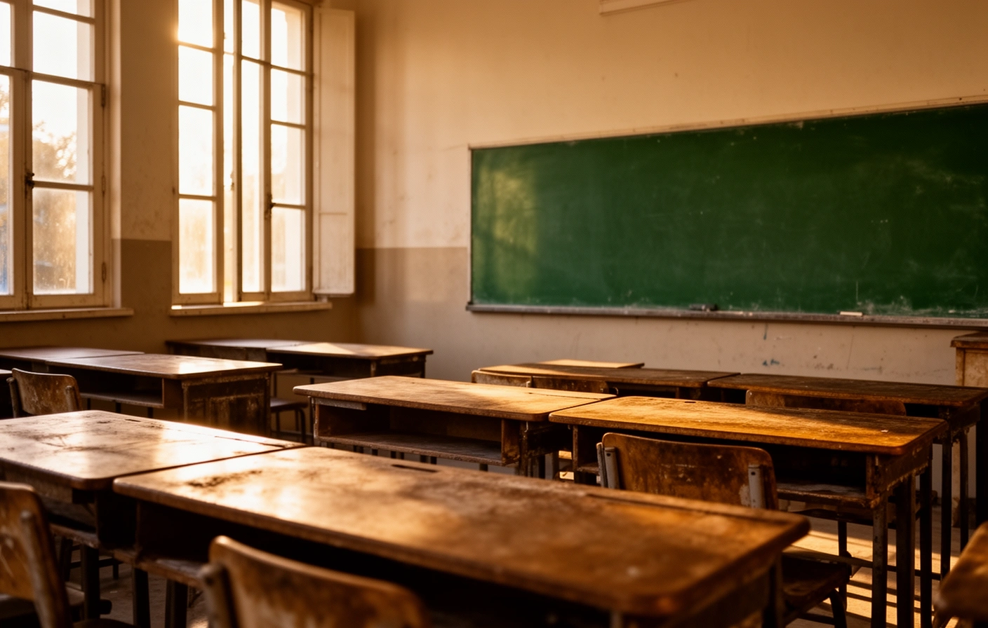 Aula con pupitres de madera y un pizarrón