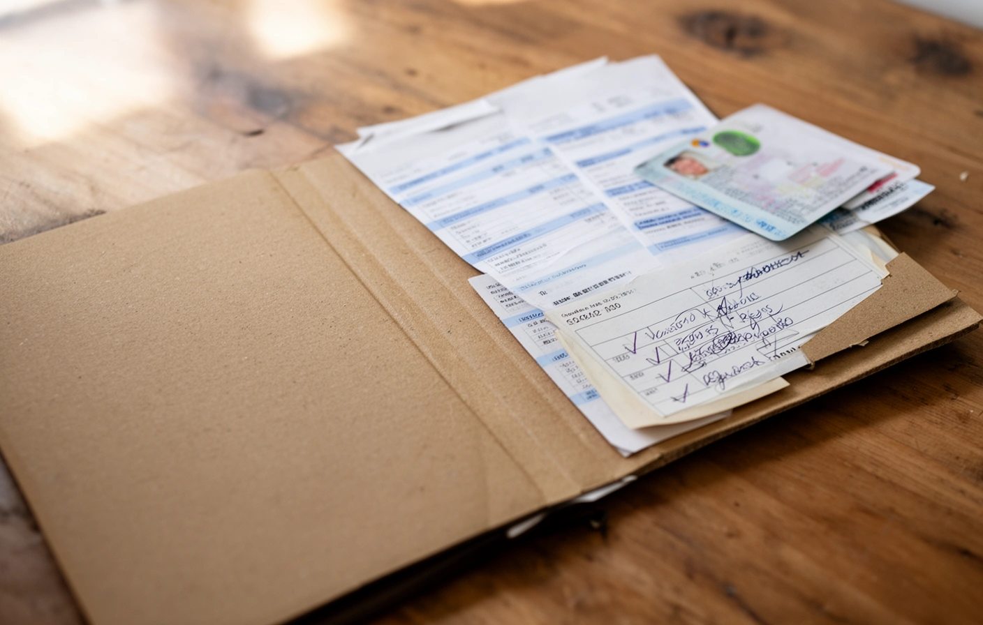 Carpeta abierta con recibos y una lista de papeles marcada con tildes