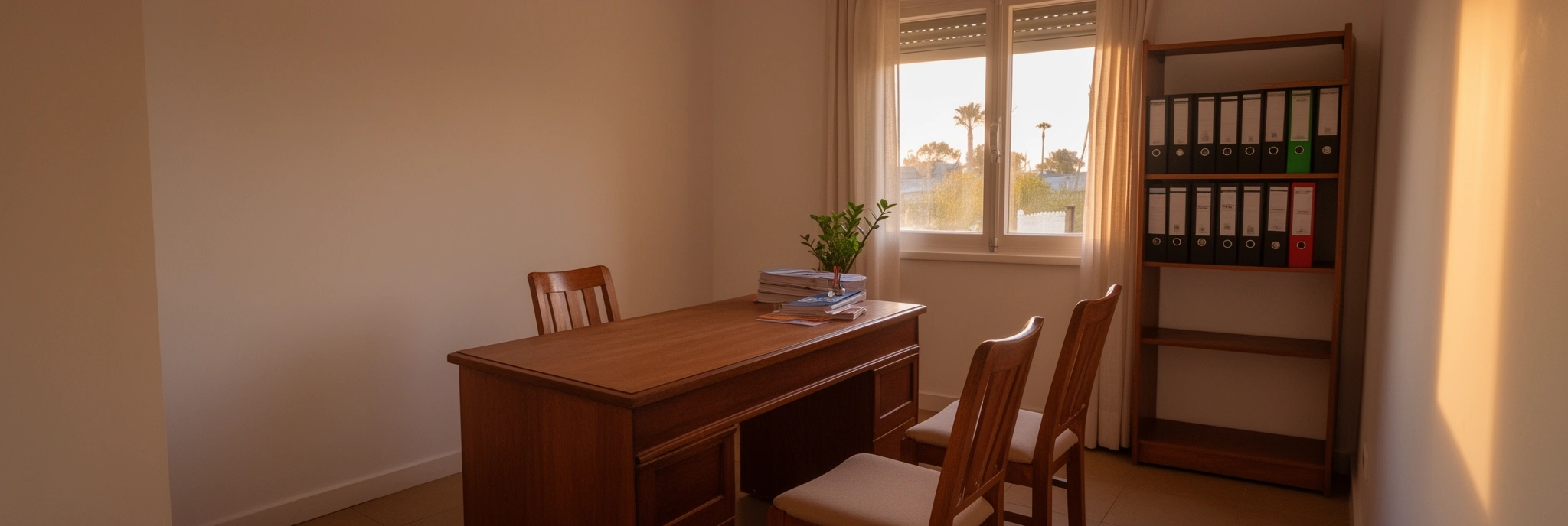 Escritorio con dos sillas y una ventana con luz de la tarde